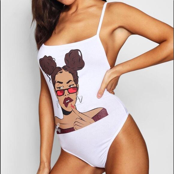 Boohoo Face Print Square Neck Bodysuit - Picture 1 of 7